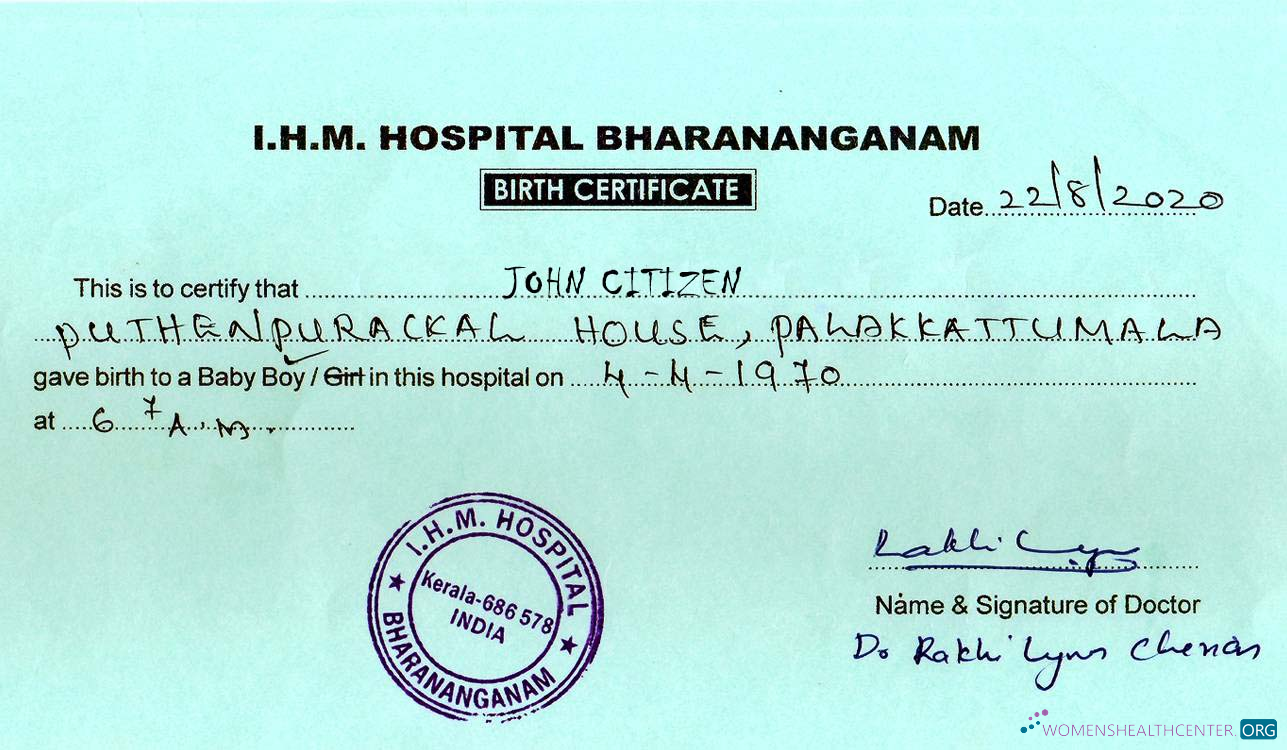 Download India I.H.M. Bharananganam hospital birth certificate Photoshop template